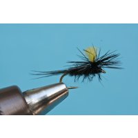 Black colored parachute with body of duck fluff barbless #18