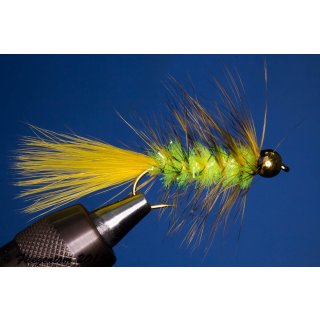 Wooley Bugger mit Kopfperle gelb/grün Krystal 6 mit Widerhaken