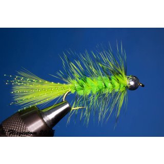 Wooley Bugger mit Kopfperle chartreuse grizzly 2 ohne Widerhaken