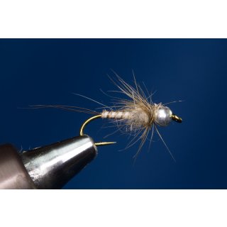 Tan Biotbody Nymph 12 barbed Tungsten Bead - silver