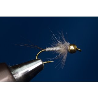 Grey Biotbody Nymph 16 barbed Tungsten Bead - red