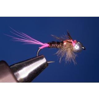 pheasant tail nymph with pink butt 12 barbless golden Tungsten bead