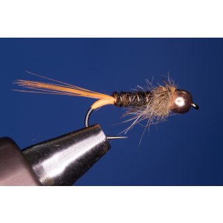 pheasant tail nymph with orange butt 10 barbed Tungsten bead - copper color