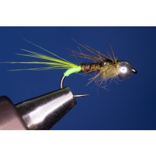 pheasant tail nymph with chartreuse butt 8 barbed golden brassbead
