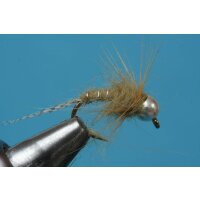 Universal Nymph olivegrey 10 barbless Brass Bead - silver