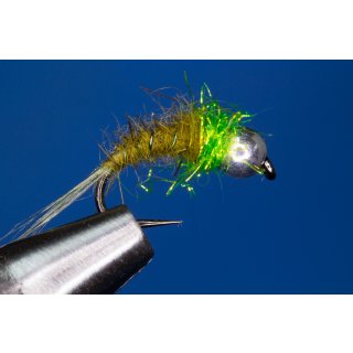Universal Nymph olive/SPECTRA green 16 barbless Tungsten Bead - copper