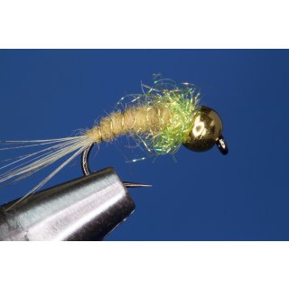 Universal nymph yellow olive / SPECTRA light olive 8 barbless Brass Bead - Black Nickel