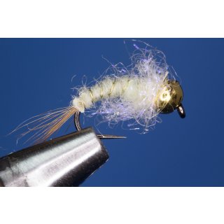 Universalnymph cream olive / UV yellow 12 barbless Brass Bead - gold