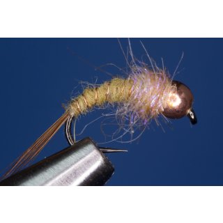 Universal Nymph light olive / UV-Tan 14 barbless Tungsten Bead - copper