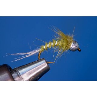 Universal Nymph olivegreen 10 barbed Tungsten Bead - Black Nickel