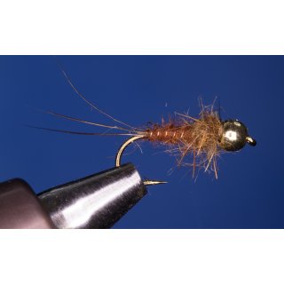 universal, brown nymph 12 barbless Tungsten bead - copper color