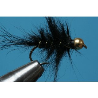 Schwarze, struppige Hasenohrnymphe 10 ohne Widerhaken goldfarben Tungsten