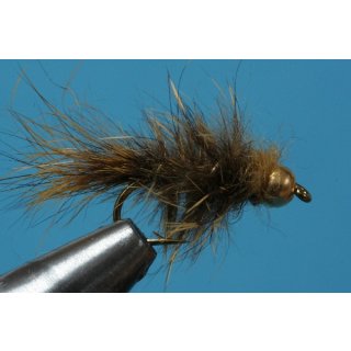 hares ear nymph - shaggy, yellow olive with beadhead 10 barbless Tungsten bead - copper color