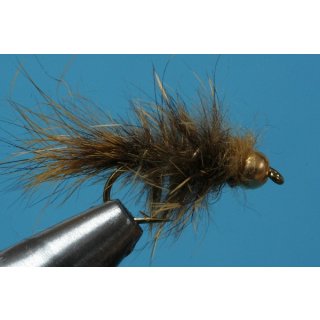 hares ear nymph - shaggy, yellow olive with beadhead 14 barbless golden tungsten bead