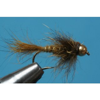hares ear nymph - yellowolive, long with beadhead 10 barbless Tungsten bead - copper color