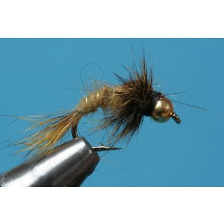 hares ear nymph - Yellow olive, curved with beadhead 16 barbless Tungsten Bead - black Nickel