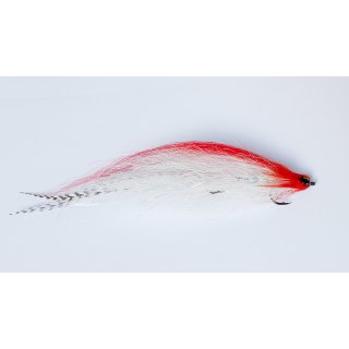 Red, white predatory fish streamer with two hooks